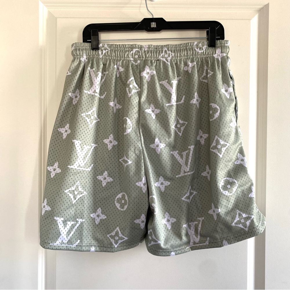 Mens Arhletic Sage Green and White Logo Print Shorts